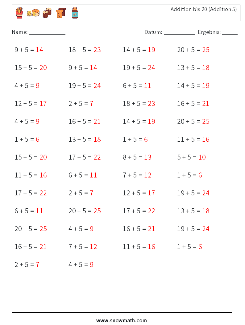 (50) Addition bis 20 (Addition 5) Mathe-Arbeitsblätter 4 Frage, Antwort