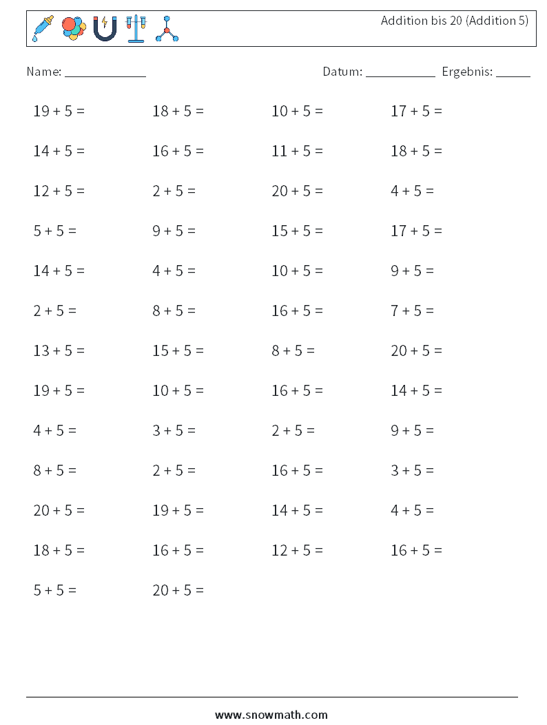 (50) Addition bis 20 (Addition 5) Mathe-Arbeitsblätter 5