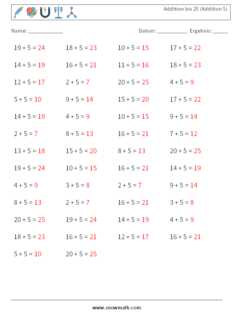 (50) Addition bis 20 (Addition 5) Mathe-Arbeitsblätter 5 Frage, Antwort