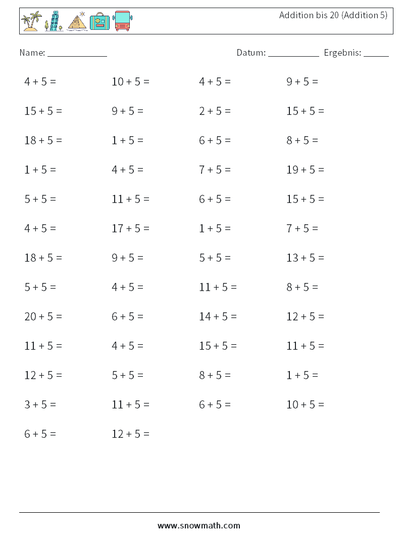(50) Addition bis 20 (Addition 5) Mathe-Arbeitsblätter 6