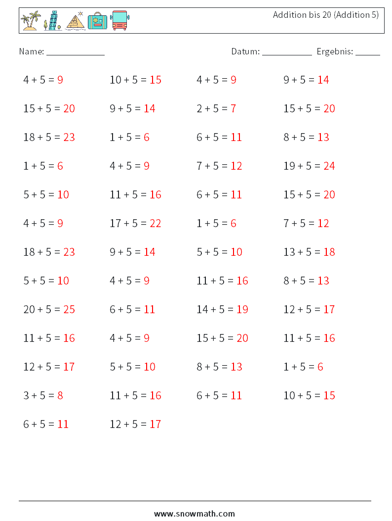 (50) Addition bis 20 (Addition 5) Mathe-Arbeitsblätter 6 Frage, Antwort
