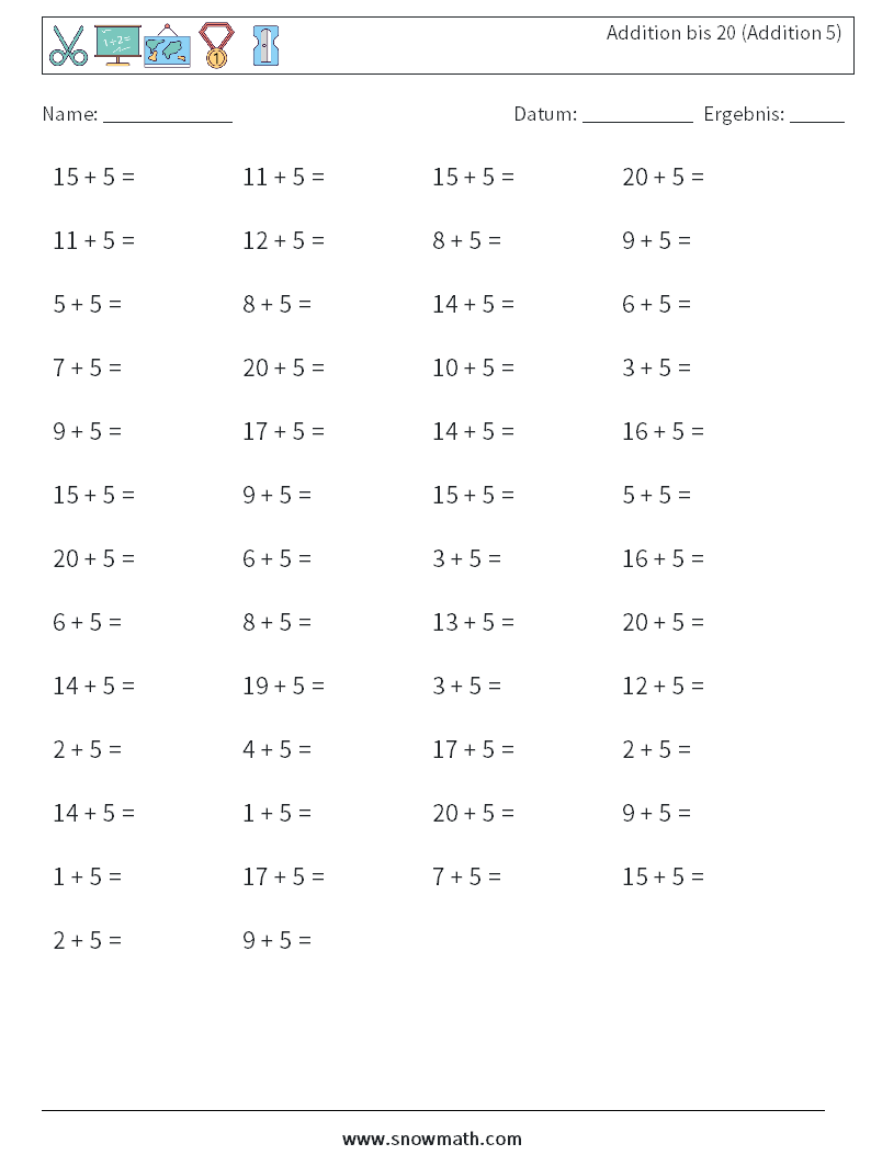 (50) Addition bis 20 (Addition 5) Mathe-Arbeitsblätter 7