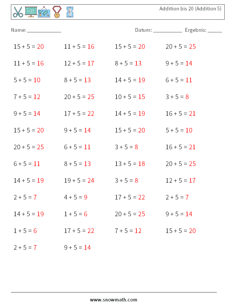 (50) Addition bis 20 (Addition 5) Mathe-Arbeitsblätter 7 Frage, Antwort