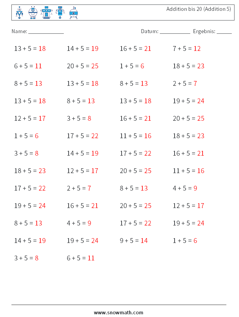 (50) Addition bis 20 (Addition 5) Mathe-Arbeitsblätter 8 Frage, Antwort