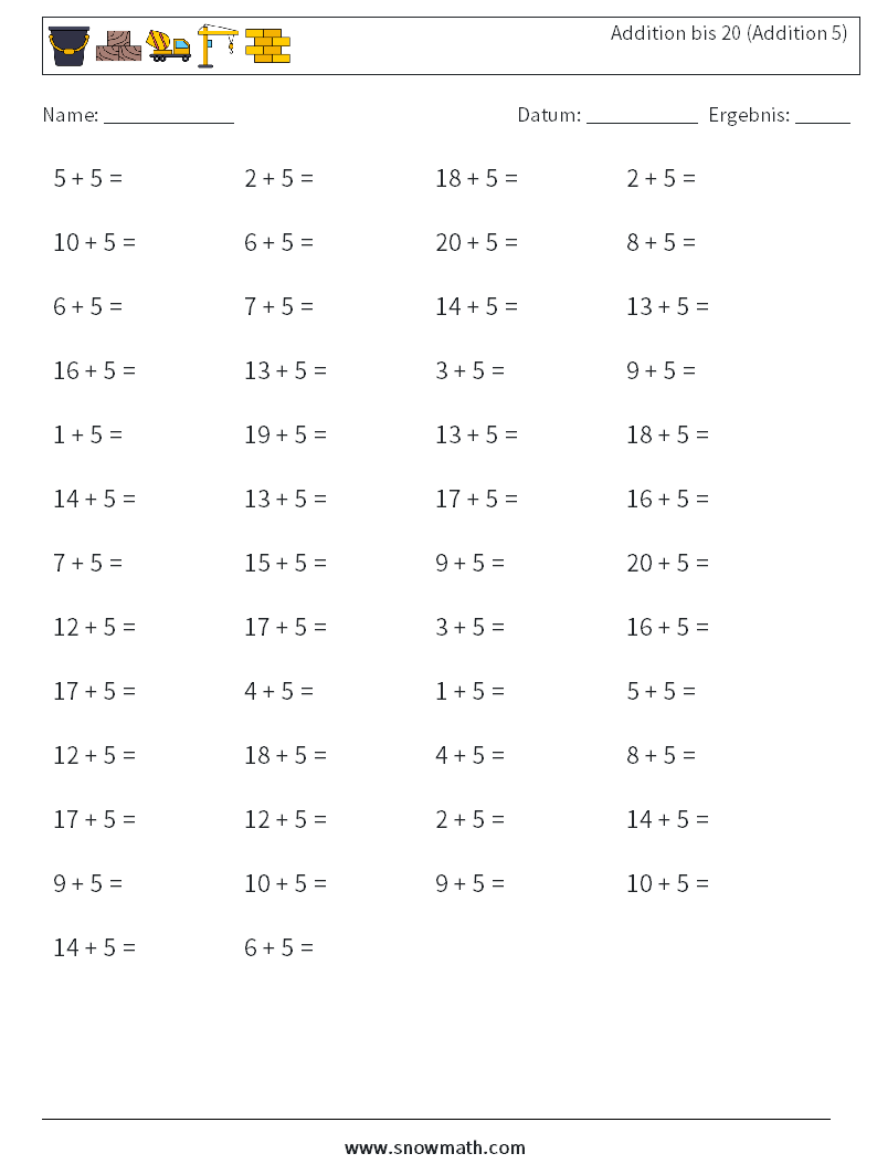 (50) Addition bis 20 (Addition 5) Mathe-Arbeitsblätter 9