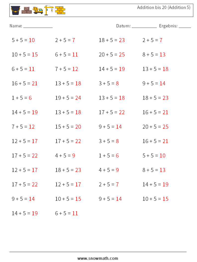 (50) Addition bis 20 (Addition 5) Mathe-Arbeitsblätter 9 Frage, Antwort
