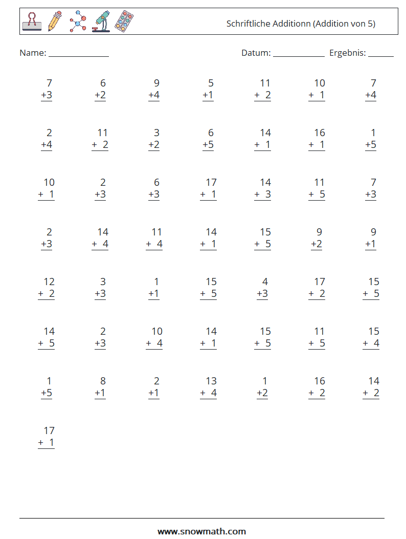 (50) Schriftliche Additionn (Addition von 5) Mathe-Arbeitsblätter 10