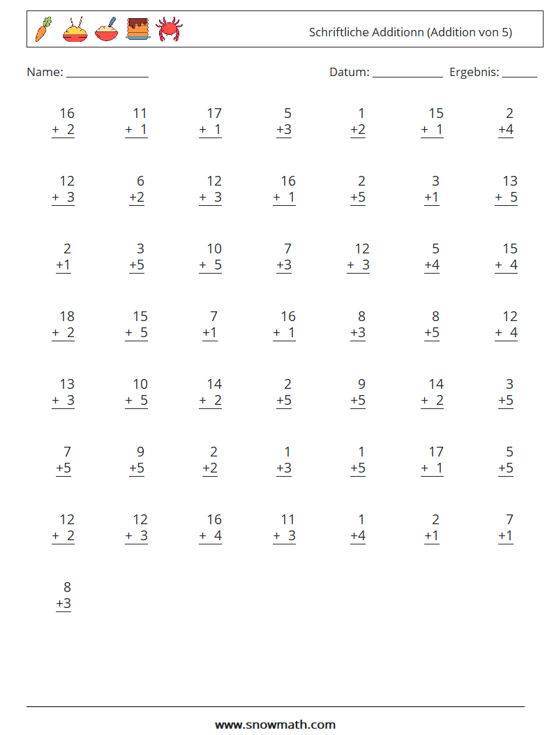 (50) Schriftliche Additionn (Addition von 5) Mathe-Arbeitsblätter 11