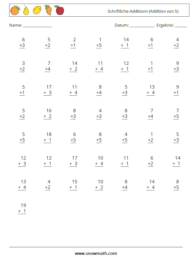 (50) Schriftliche Additionn (Addition von 5) Mathe-Arbeitsblätter 12