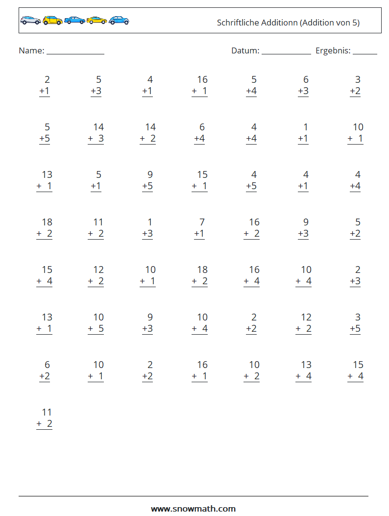 (50) Schriftliche Additionn (Addition von 5) Mathe-Arbeitsblätter 13