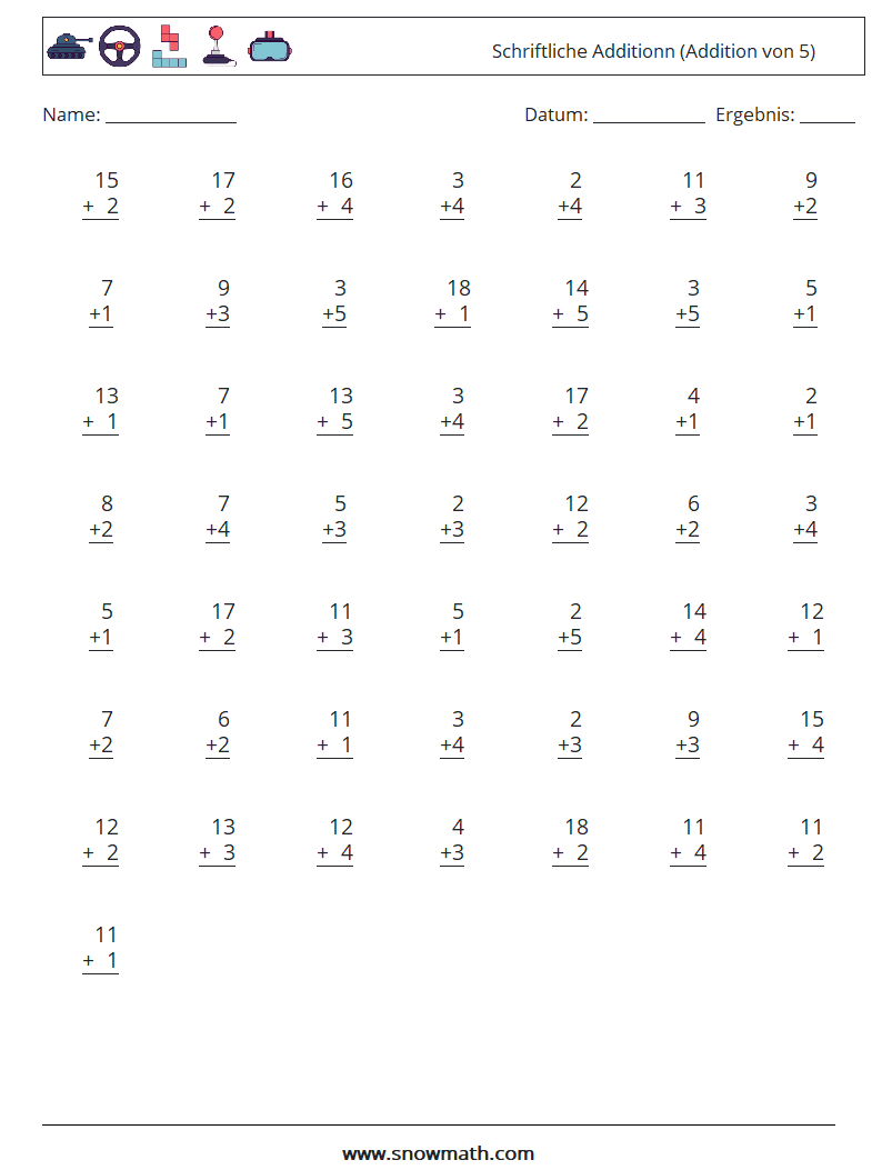 (50) Schriftliche Additionn (Addition von 5) Mathe-Arbeitsblätter 14