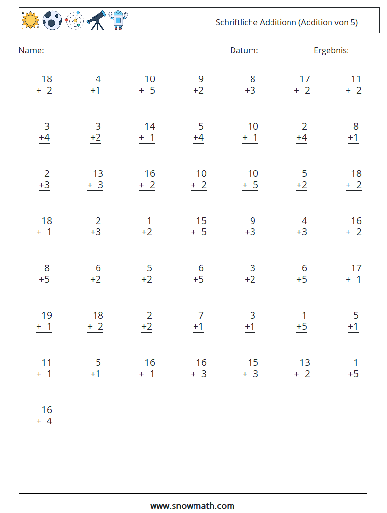 (50) Schriftliche Additionn (Addition von 5) Mathe-Arbeitsblätter 16