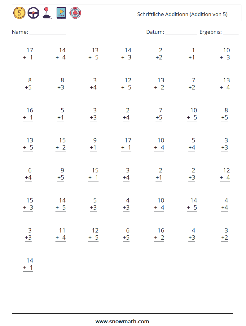 (50) Schriftliche Additionn (Addition von 5) Mathe-Arbeitsblätter 17