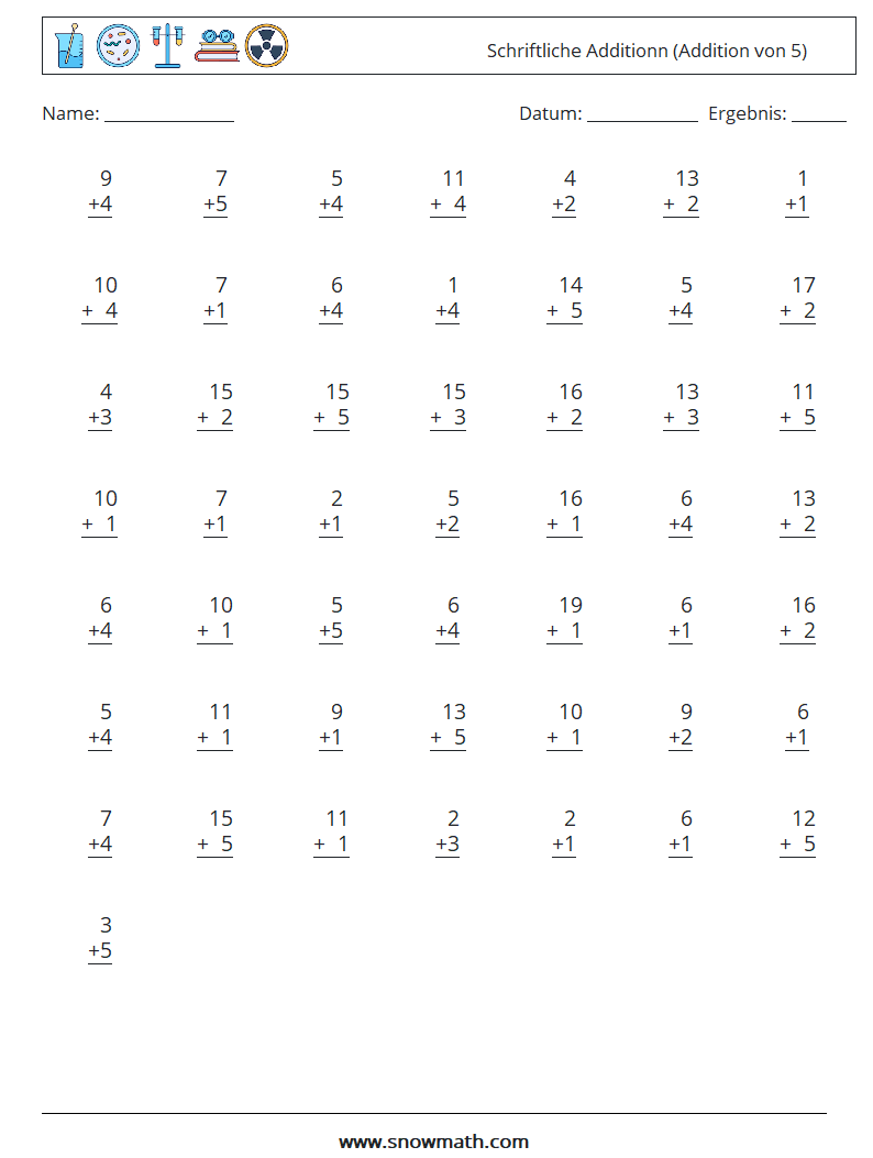 (50) Schriftliche Additionn (Addition von 5) Mathe-Arbeitsblätter 18