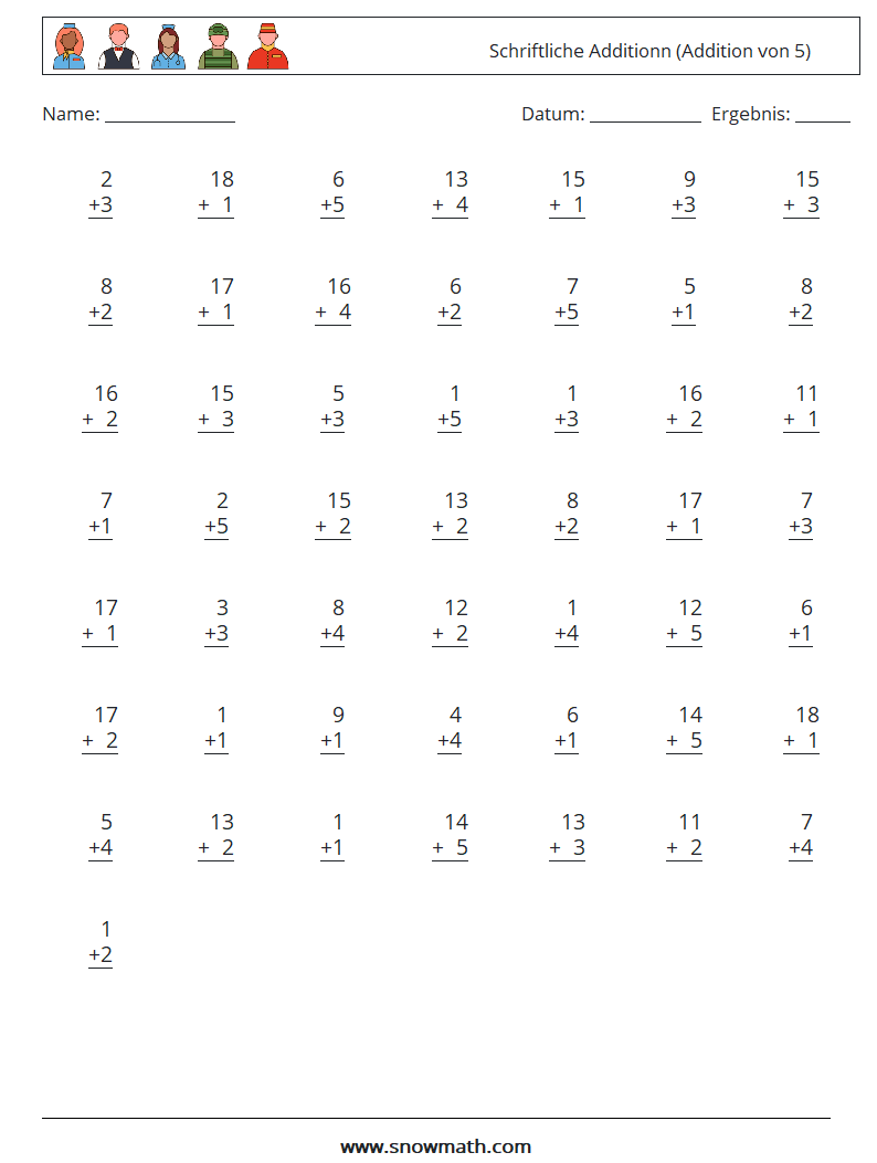 (50) Schriftliche Additionn (Addition von 5) Mathe-Arbeitsblätter 2