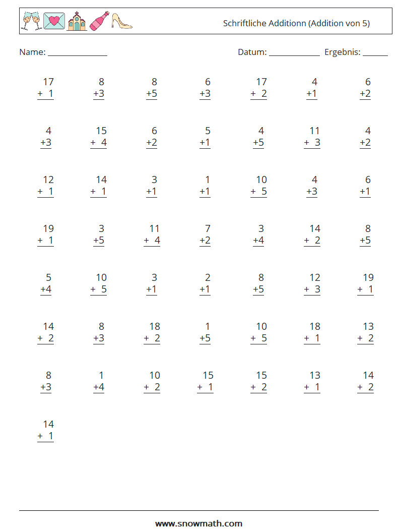 (50) Schriftliche Additionn (Addition von 5) Mathe-Arbeitsblätter 3