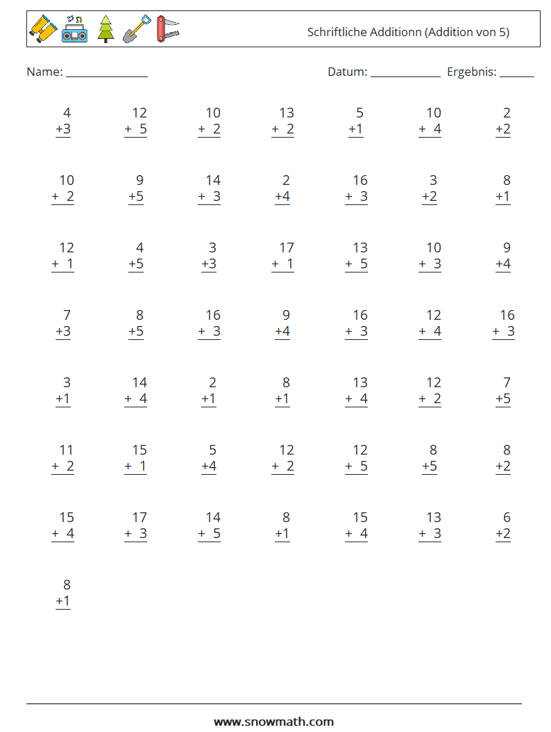 (50) Schriftliche Additionn (Addition von 5) Mathe-Arbeitsblätter 4