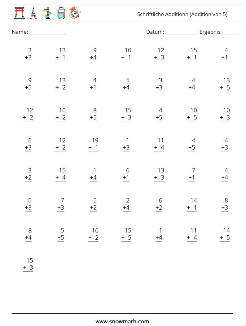 (50) Schriftliche Additionn (Addition von 5) Mathe-Arbeitsblätter 5