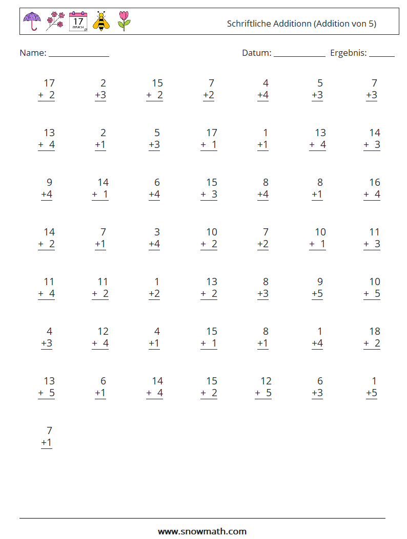 (50) Schriftliche Additionn (Addition von 5) Mathe-Arbeitsblätter 6