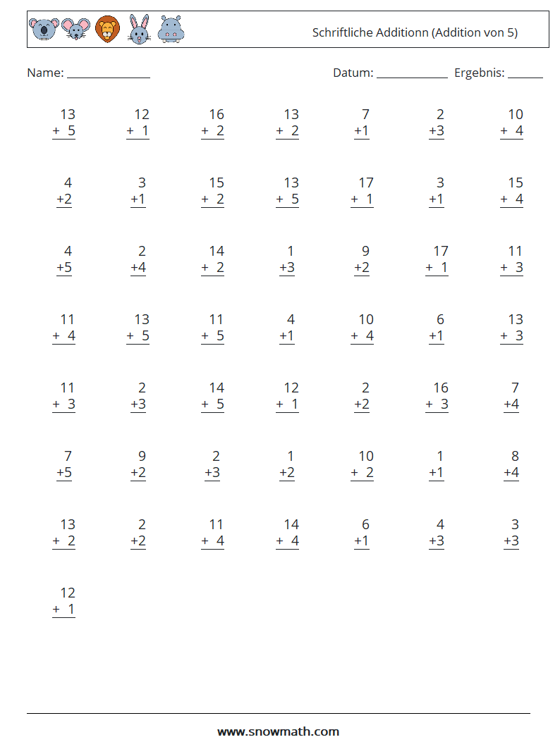(50) Schriftliche Additionn (Addition von 5) Mathe-Arbeitsblätter 7