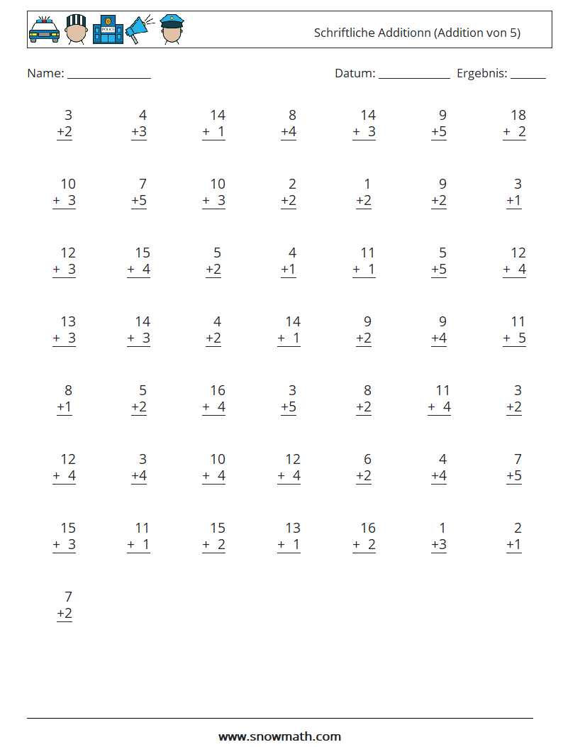 (50) Schriftliche Additionn (Addition von 5) Mathe-Arbeitsblätter 8