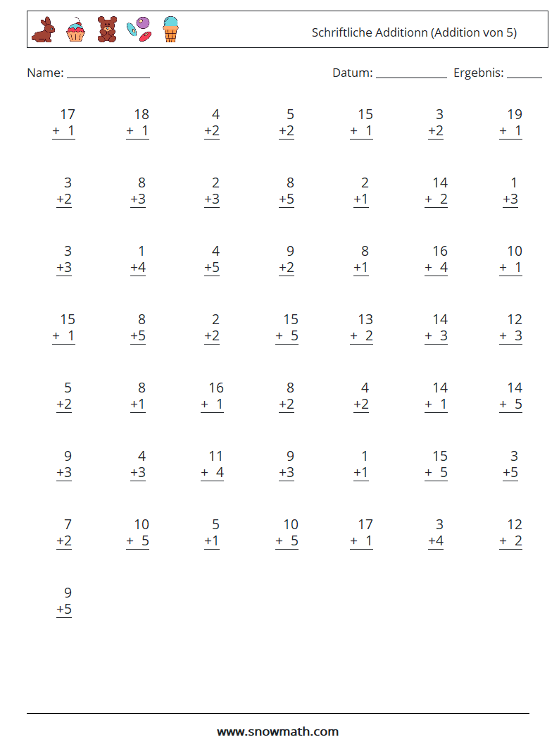 (50) Schriftliche Additionn (Addition von 5) Mathe-Arbeitsblätter 9
