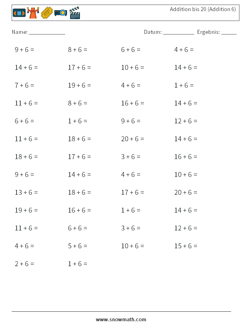 (50) Addition bis 20 (Addition 6) Mathe-Arbeitsblätter 2