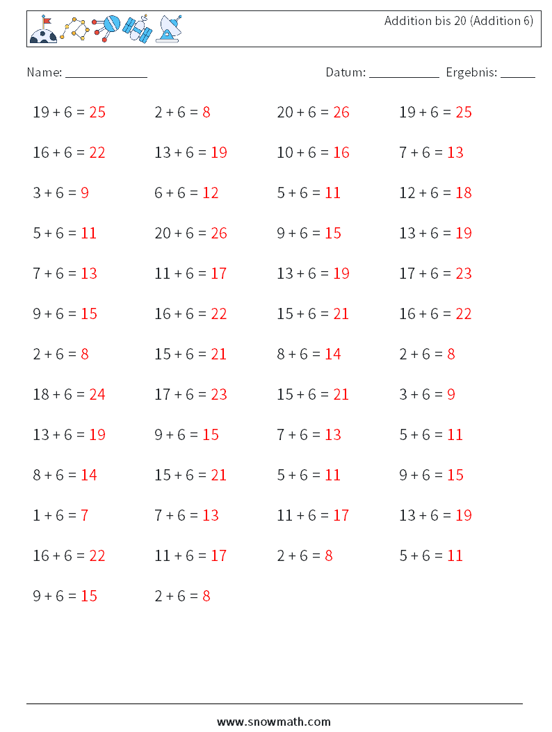 (50) Addition bis 20 (Addition 6) Mathe-Arbeitsblätter 3 Frage, Antwort