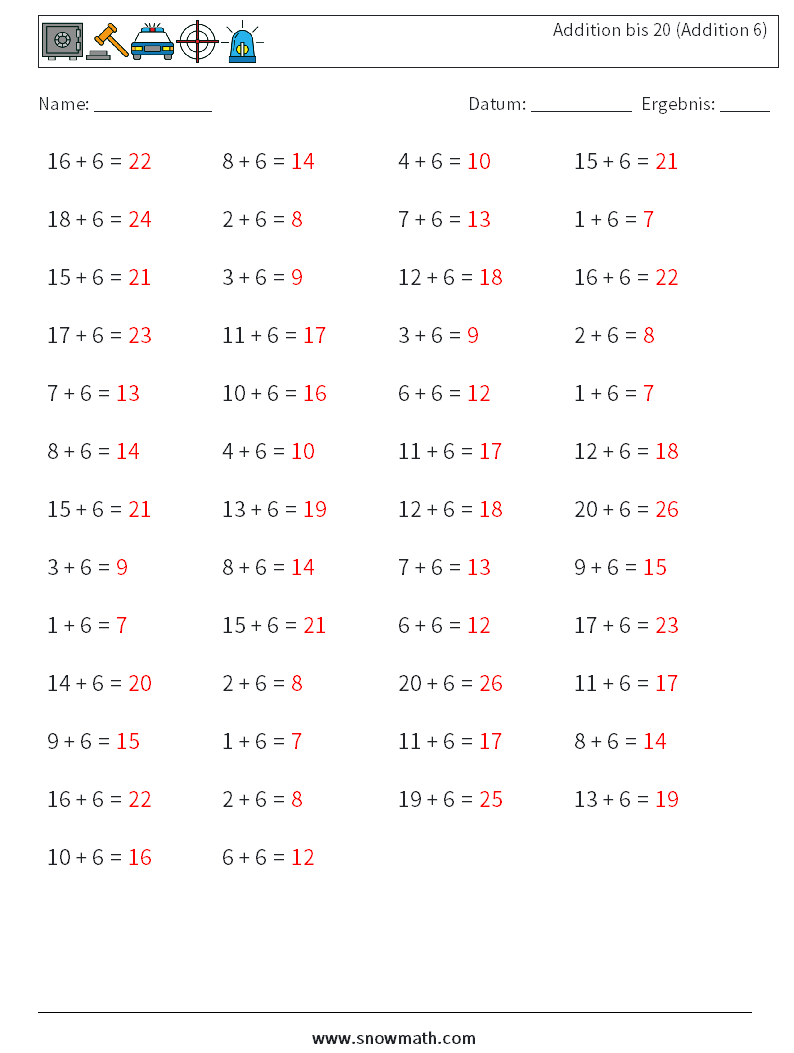 (50) Addition bis 20 (Addition 6) Mathe-Arbeitsblätter 5 Frage, Antwort