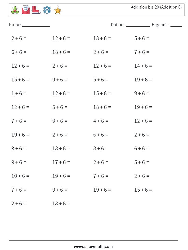 (50) Addition bis 20 (Addition 6) Mathe-Arbeitsblätter 8