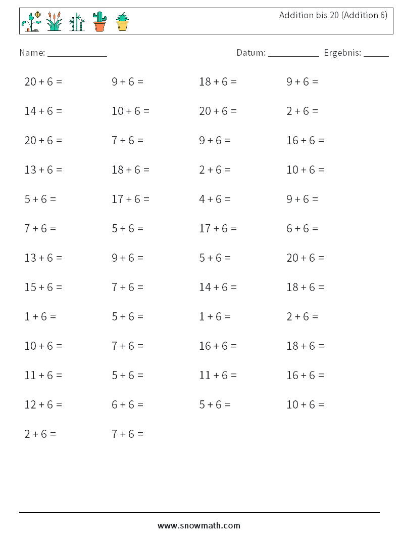 (50) Addition bis 20 (Addition 6) Mathe-Arbeitsblätter 9