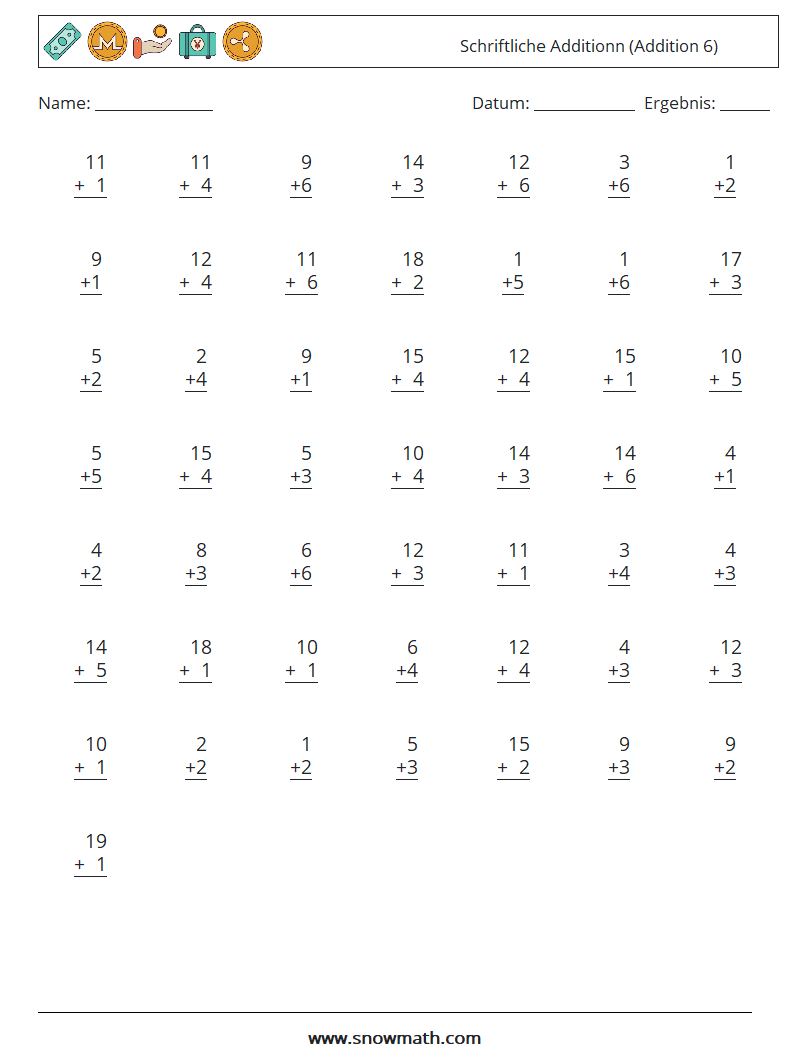 (50) Schriftliche Additionn (Addition 6) Mathe-Arbeitsblätter 10