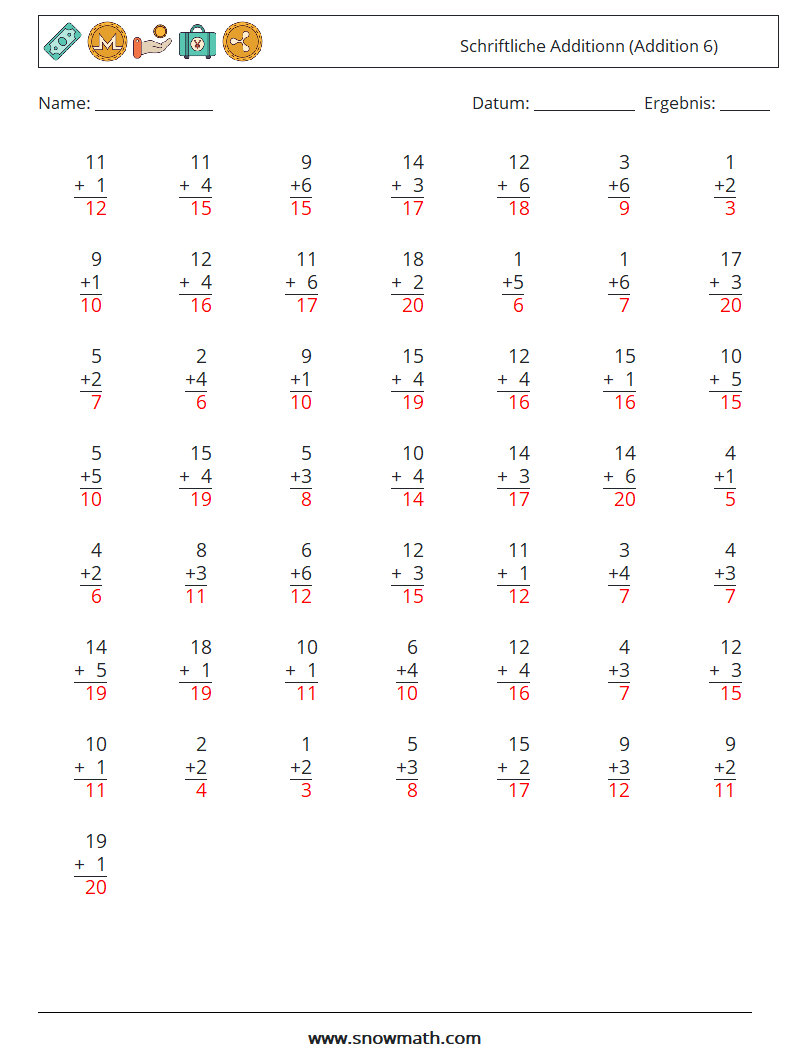 (50) Schriftliche Additionn (Addition 6) Mathe-Arbeitsblätter 10 Frage, Antwort