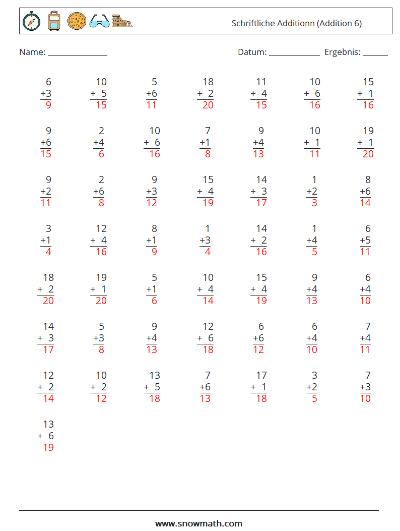 (50) Schriftliche Additionn (Addition 6) Mathe-Arbeitsblätter 11 Frage, Antwort