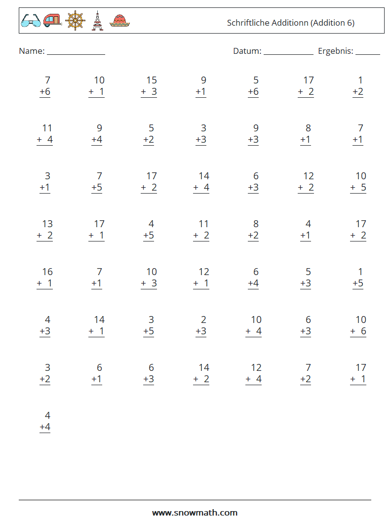 (50) Schriftliche Additionn (Addition 6) Mathe-Arbeitsblätter 12