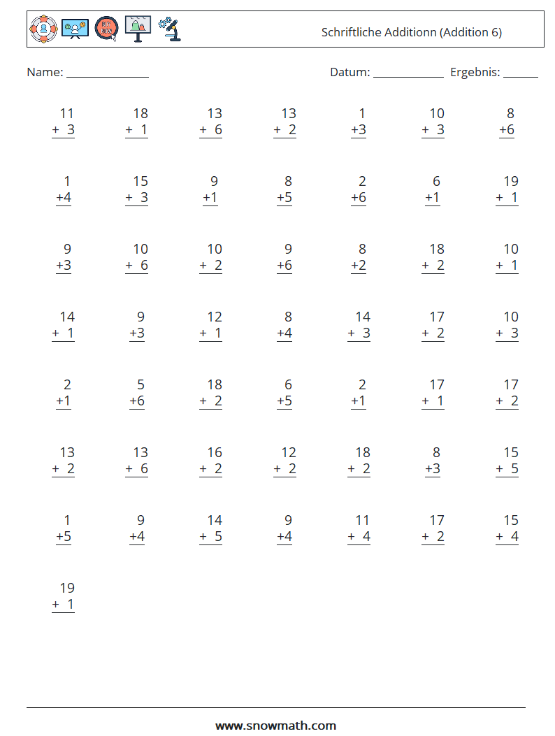 (50) Schriftliche Additionn (Addition 6) Mathe-Arbeitsblätter 15