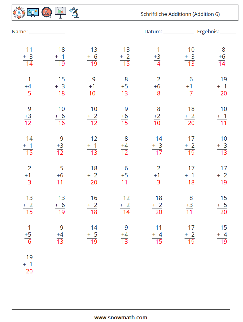 (50) Schriftliche Additionn (Addition 6) Mathe-Arbeitsblätter 15 Frage, Antwort