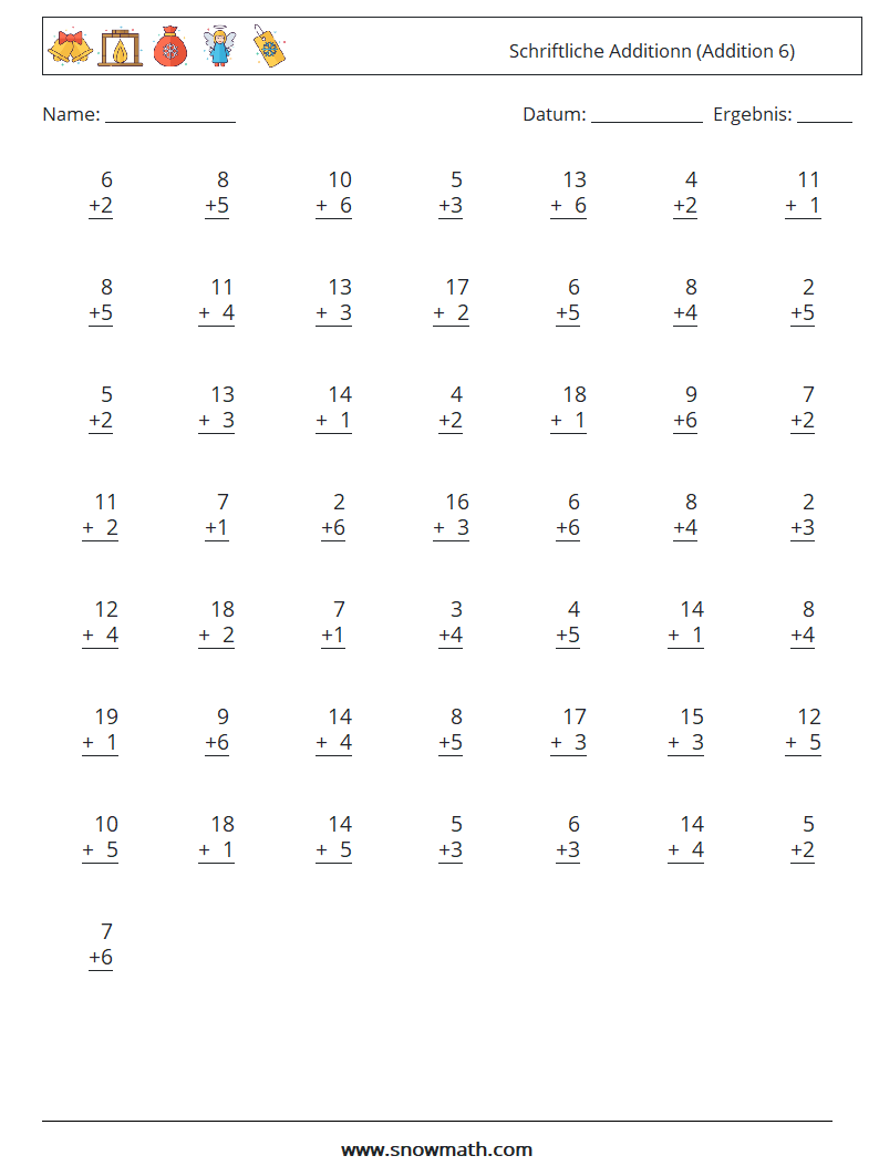 (50) Schriftliche Additionn (Addition 6) Mathe-Arbeitsblätter 16