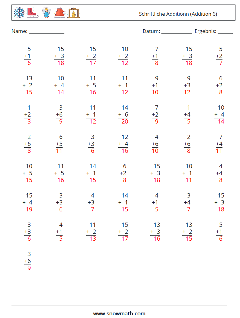 (50) Schriftliche Additionn (Addition 6) Mathe-Arbeitsblätter 18 Frage, Antwort