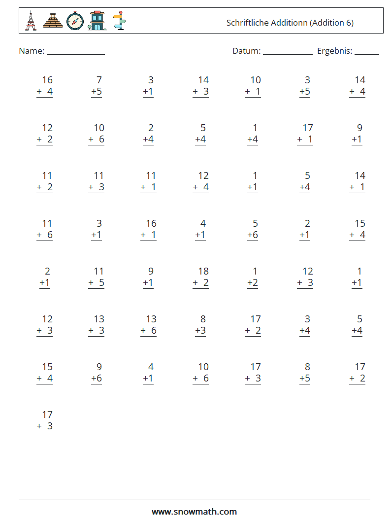 (50) Schriftliche Additionn (Addition 6) Mathe-Arbeitsblätter 8