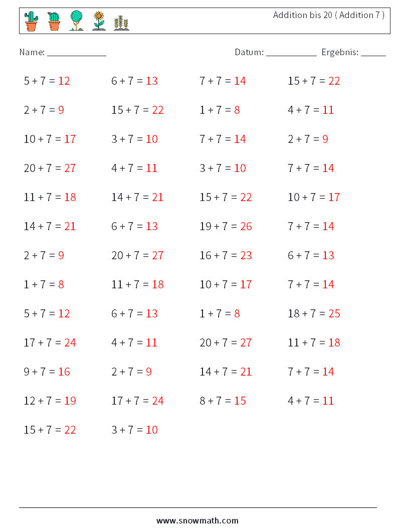 (50) Addition bis 20 ( Addition 7 ) Mathe-Arbeitsblätter 1 Frage, Antwort