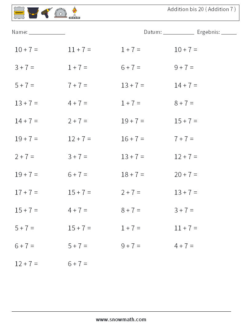 (50) Addition bis 20 ( Addition 7 ) Mathe-Arbeitsblätter 3