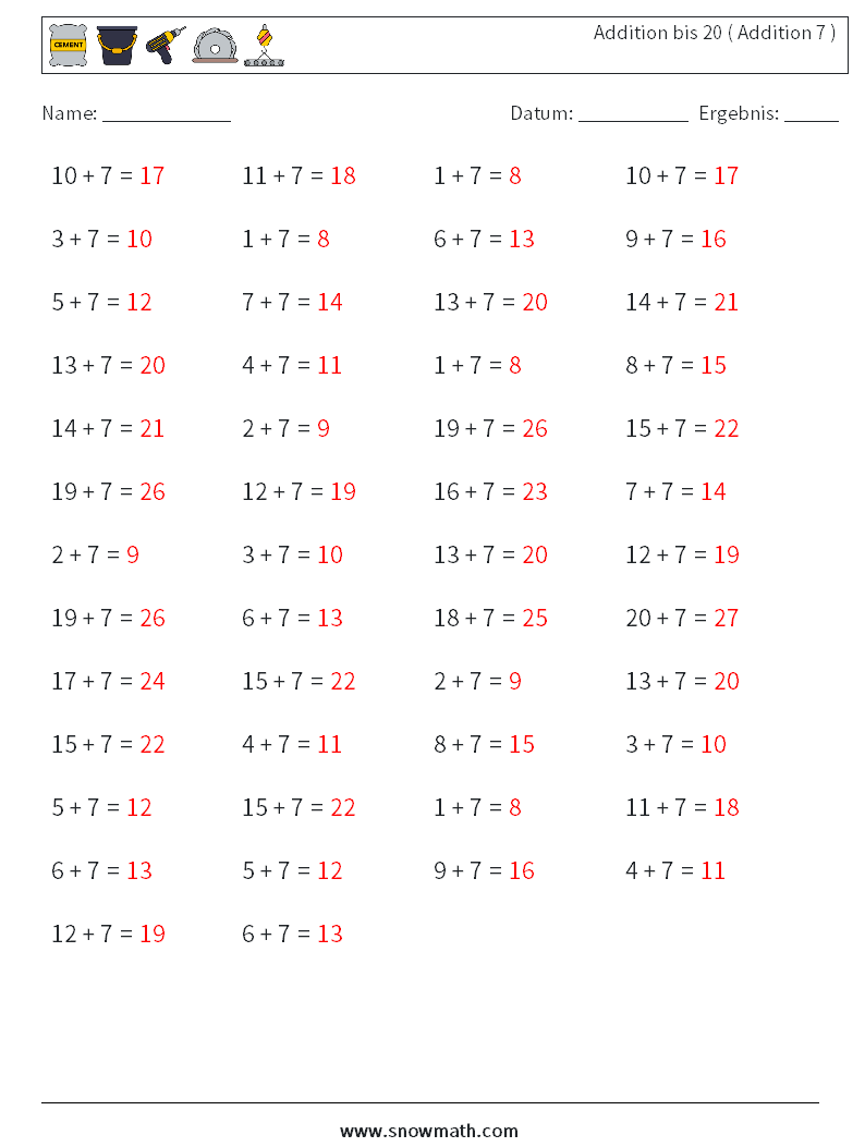 (50) Addition bis 20 ( Addition 7 ) Mathe-Arbeitsblätter 3 Frage, Antwort