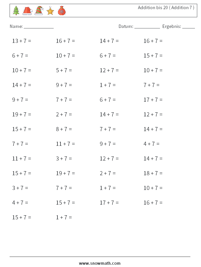 (50) Addition bis 20 ( Addition 7 ) Mathe-Arbeitsblätter 4