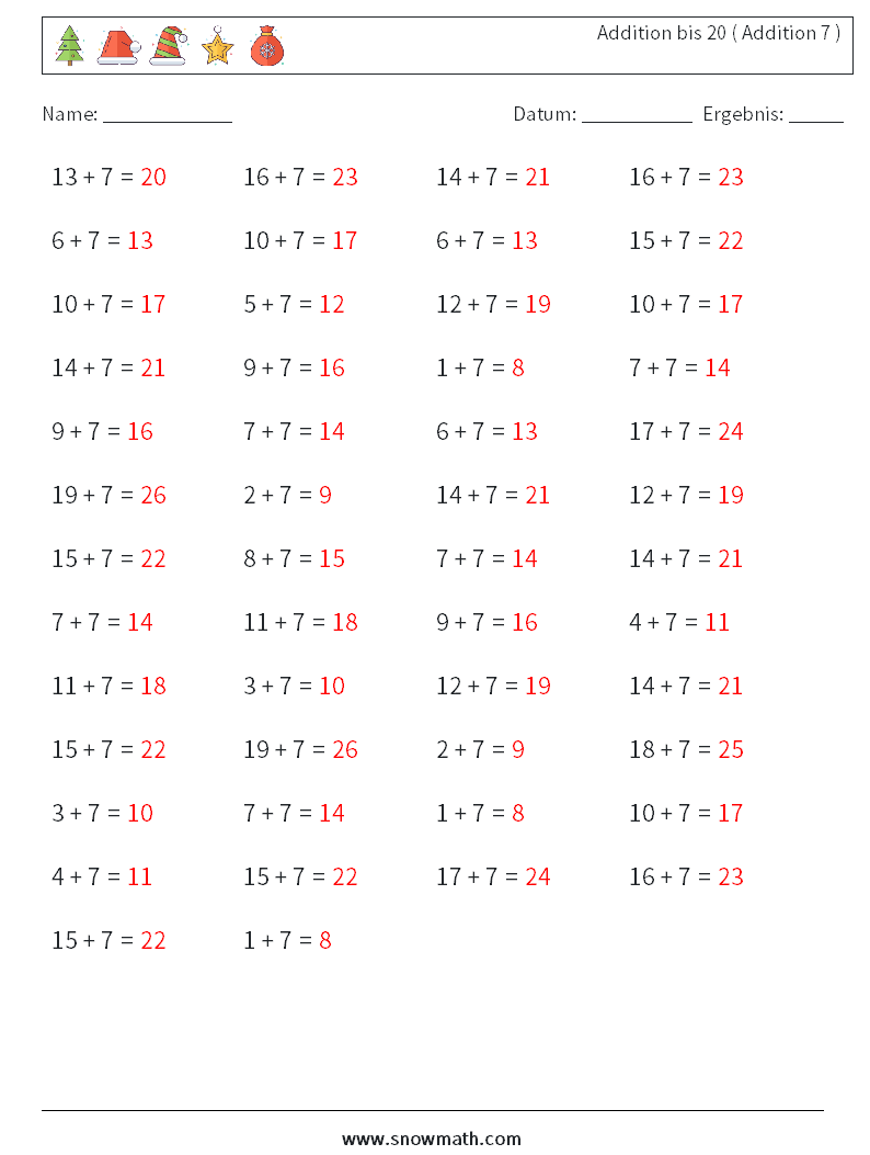 (50) Addition bis 20 ( Addition 7 ) Mathe-Arbeitsblätter 4 Frage, Antwort