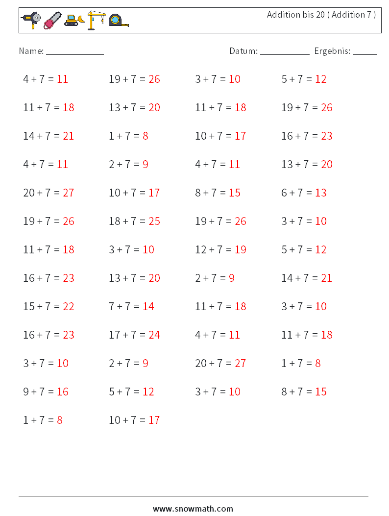 (50) Addition bis 20 ( Addition 7 ) Mathe-Arbeitsblätter 5 Frage, Antwort