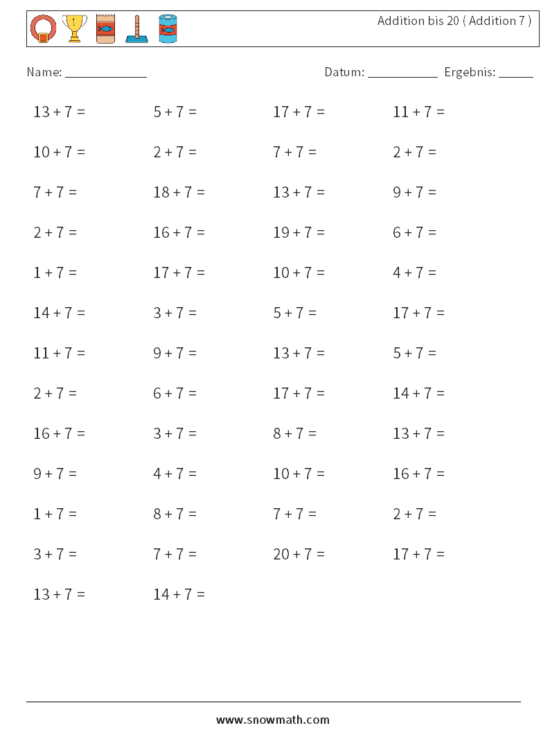 (50) Addition bis 20 ( Addition 7 ) Mathe-Arbeitsblätter 7