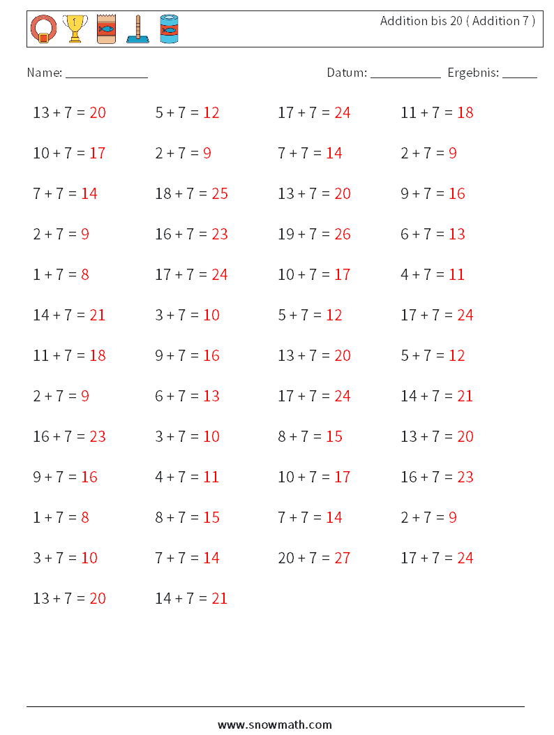 (50) Addition bis 20 ( Addition 7 ) Mathe-Arbeitsblätter 7 Frage, Antwort