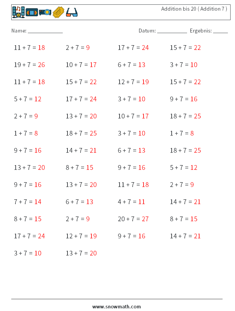 (50) Addition bis 20 ( Addition 7 ) Mathe-Arbeitsblätter 8 Frage, Antwort