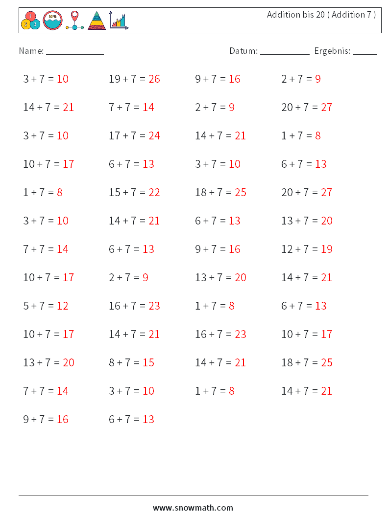 (50) Addition bis 20 ( Addition 7 ) Mathe-Arbeitsblätter 9 Frage, Antwort
